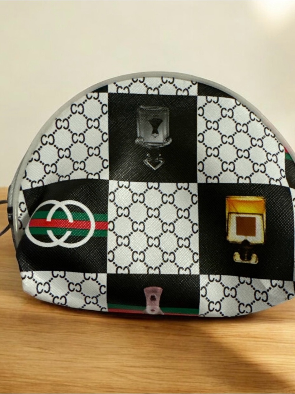 Fashion Black White Checkerboard Cosmetic Pouch with Green and Red Stripe